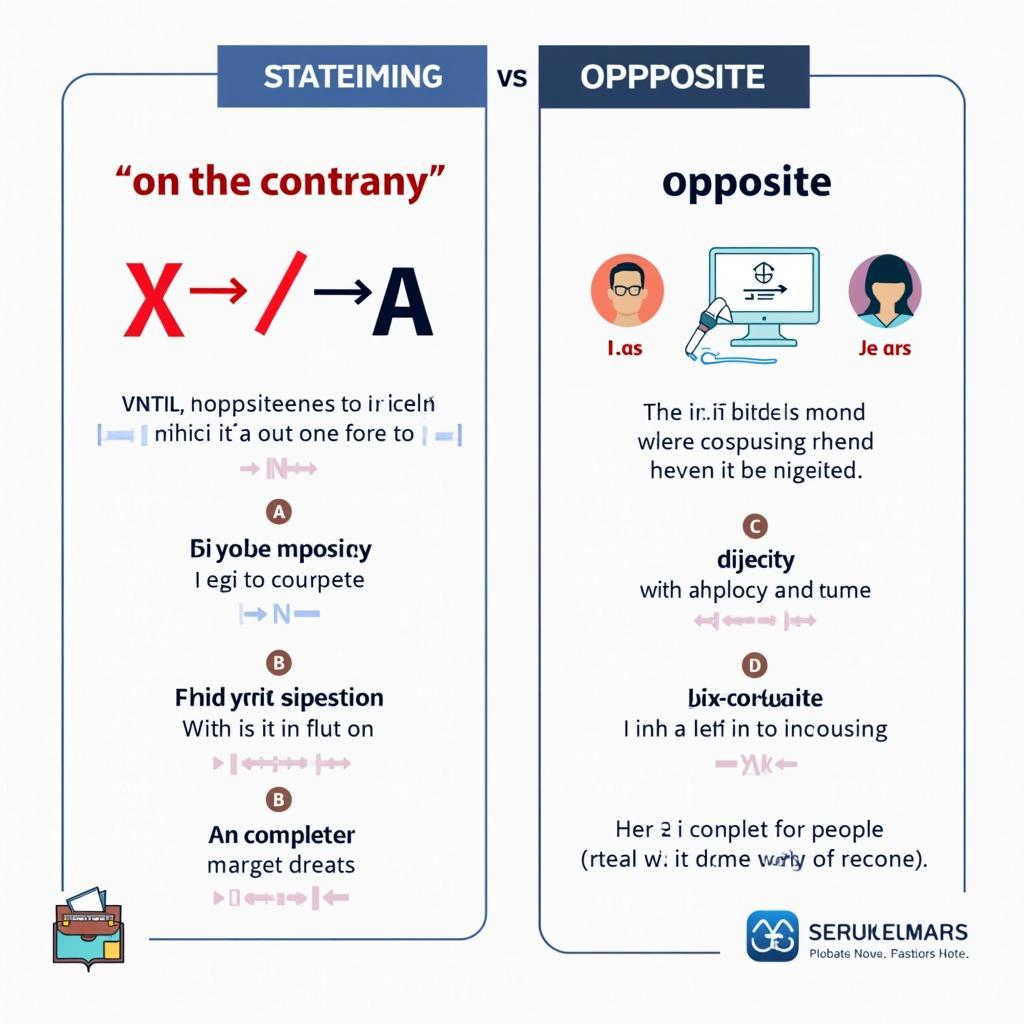 Sơ đồ phân biệt cách sử dụng on the contrary và opposite trong IELTS với ví dụ cụ thể cho từng trường hợp