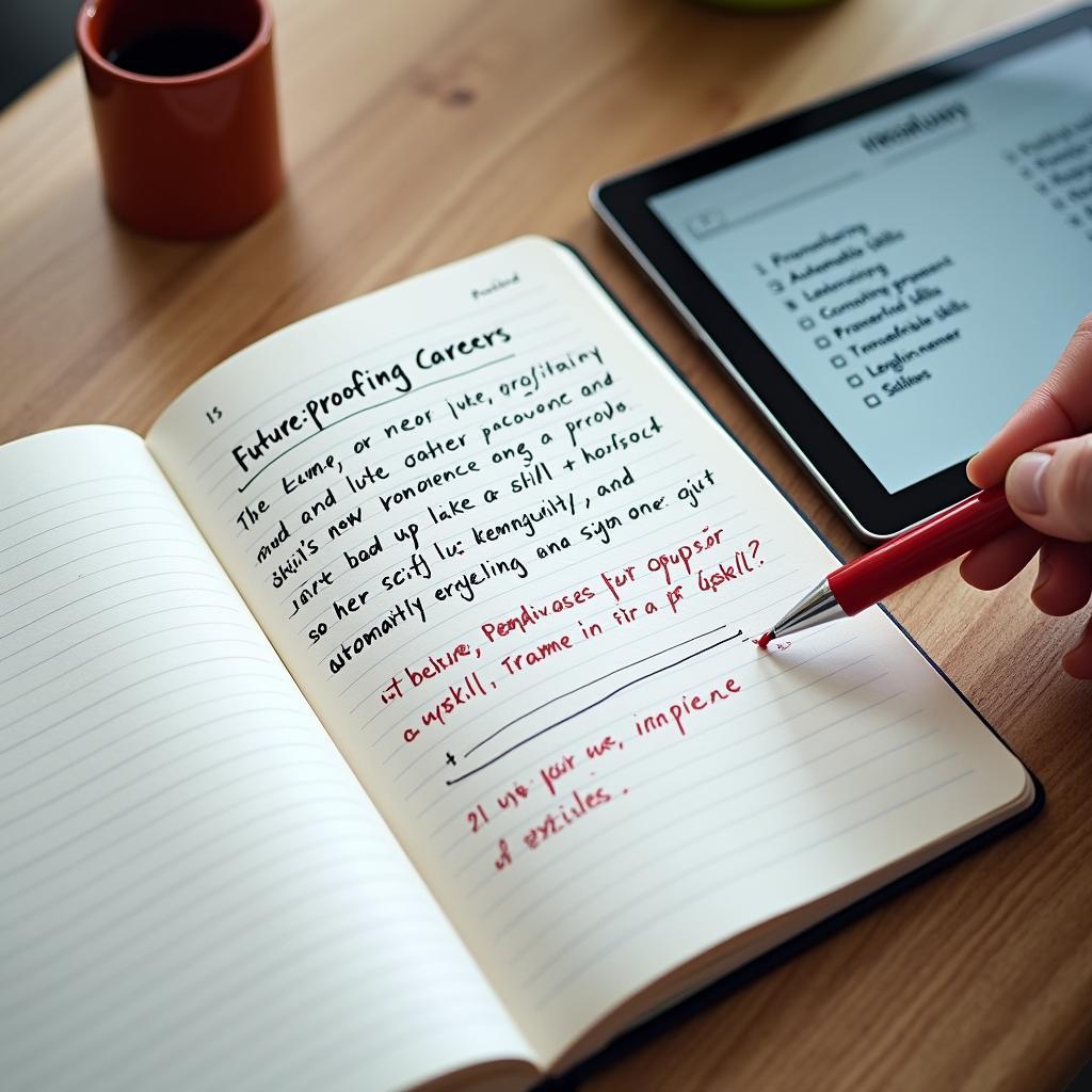 Học viên IELTS đang tự soát lỗi bài viết về chủ đề kỹ năng tương lai và thị trường lao động.