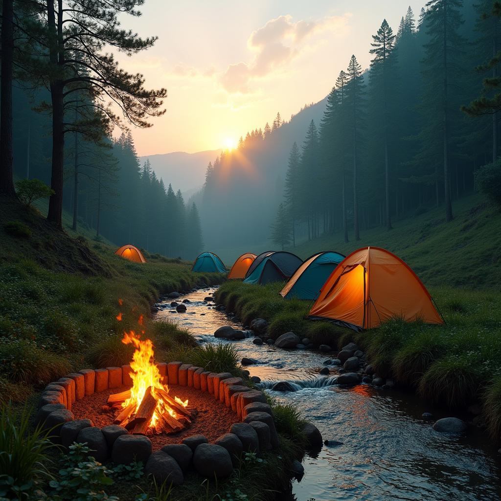 Trải nghiệm cắm trại giữa thiên nhiên với lều trại và lửa trại