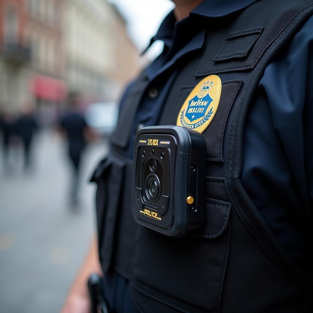 Cận cảnh một sĩ quan cảnh sát đang đeo camera gắn trên người (body camera) trong lúc làm nhiệm vụ, nhấn mạnh tính minh bạch.