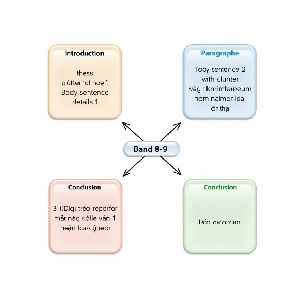 Cấu trúc bài luận IELTS Writing Task 2 Band 8-9 với các phần introduction, body paragraphs và conclusion được phân chia rõ ràng