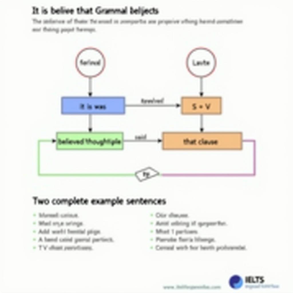 Sơ đồ minh họa chi tiết cấu trúc ngữ pháp It is believed that với các thành phần câu và công thức cho IELTS Band 8