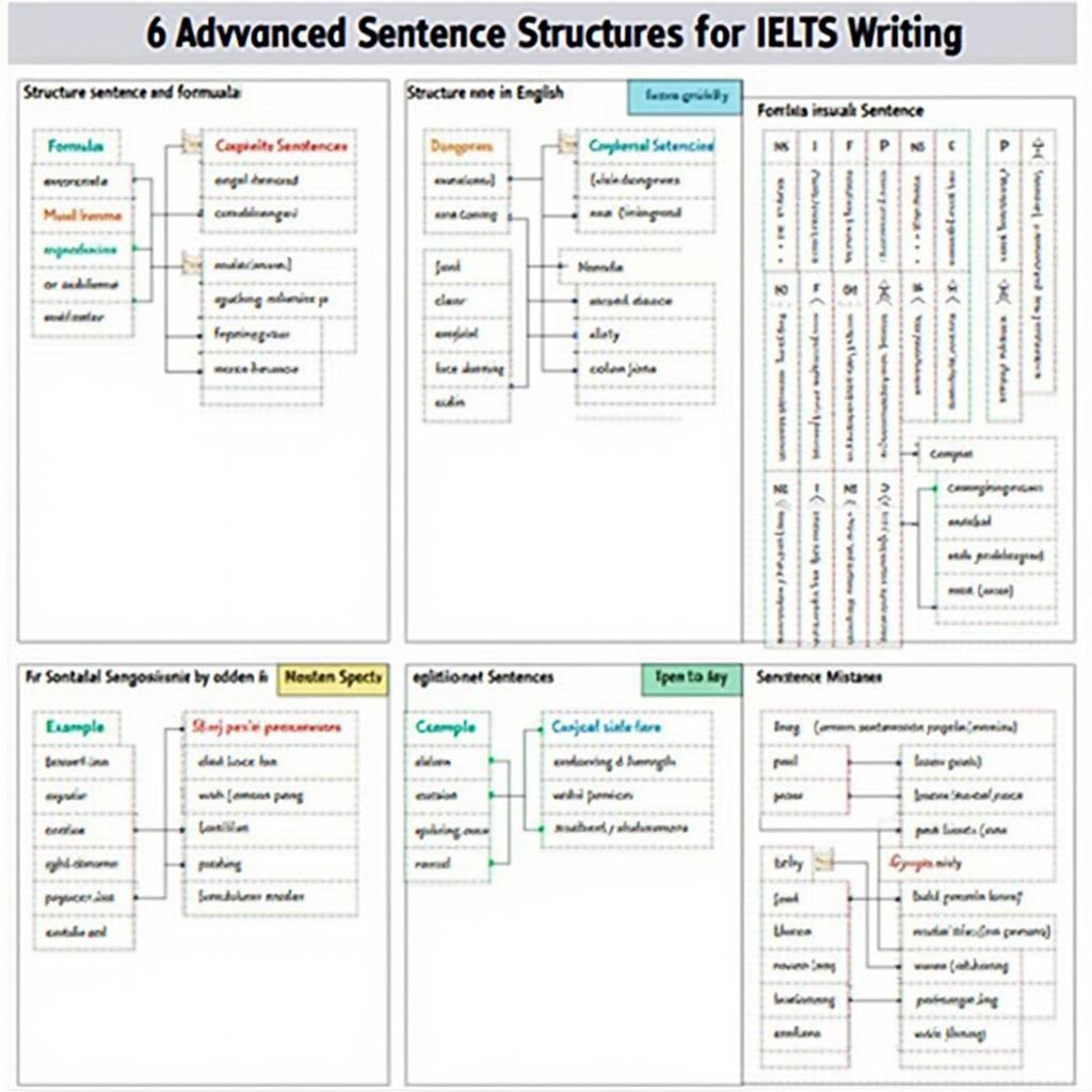 Infographic minh họa 6 cấu trúc câu nâng cao cho IELTS Writing Band 8-9 với công thức và ví dụ cụ thể