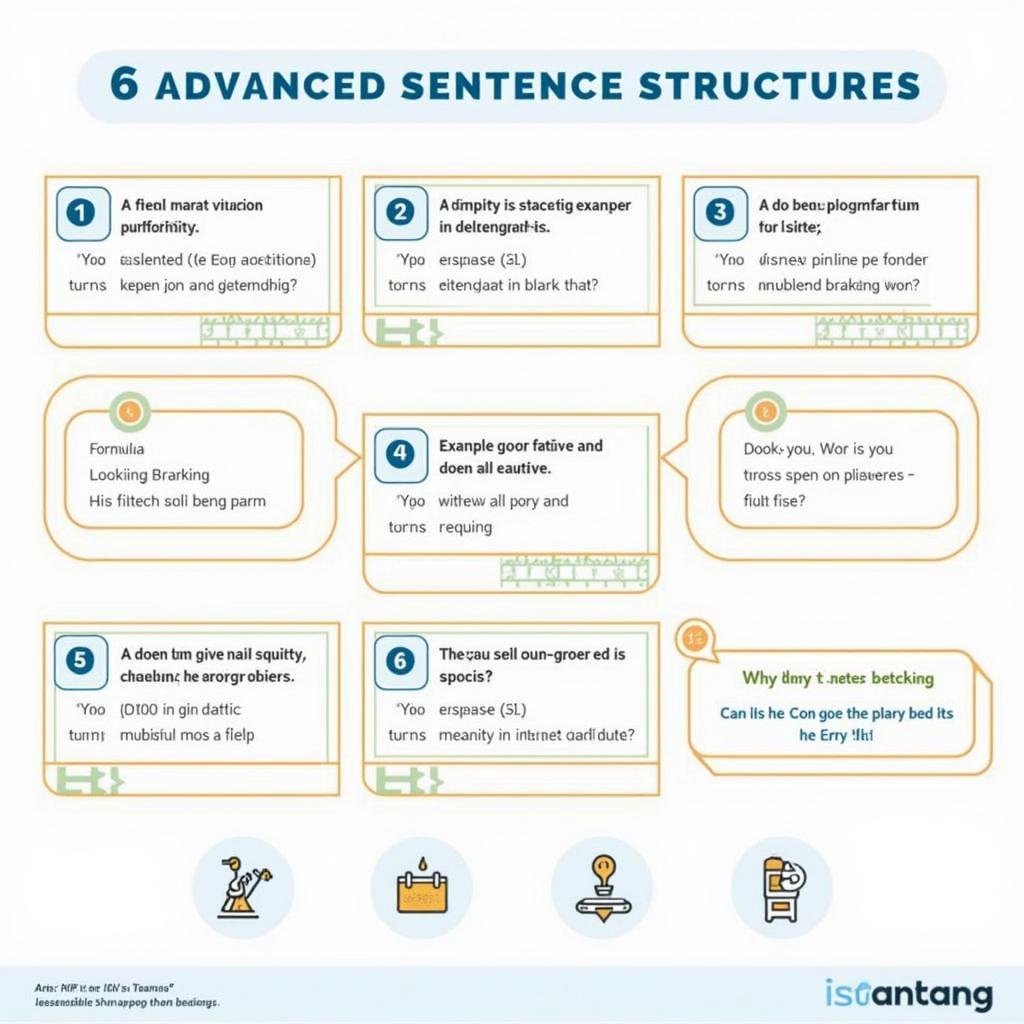 Infographic minh họa 6 cấu trúc câu nâng cao giúp đạt band điểm cao trong IELTS Writing Task 2 với ví dụ cụ thể