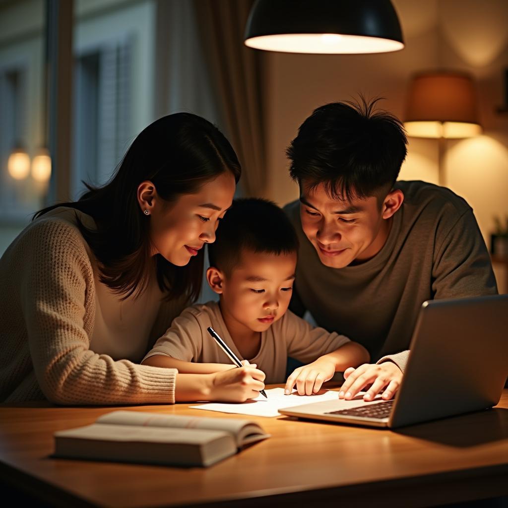 Bố mẹ Việt Nam đang động viên và hỗ trợ con học bài trong không gian ấm cúng tại nhà