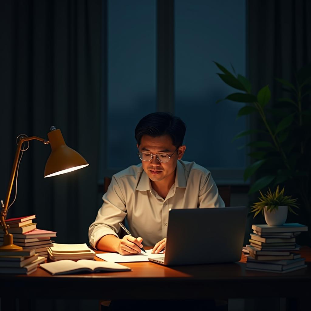 Người cha Việt Nam trung niên đang học tập chăm chỉ vào ban đêm thể hiện sự quyết tâm và tinh thần học tập suốt đời trong IELTS Speaking