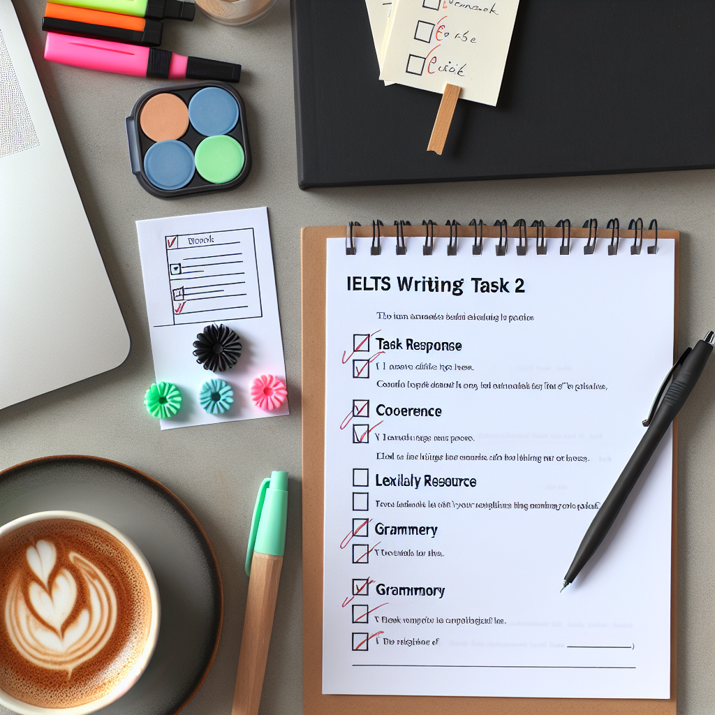 Một học sinh sử dụng checklist để tự đánh giá bài luận IELTS Writing Task 2 về môi trường.