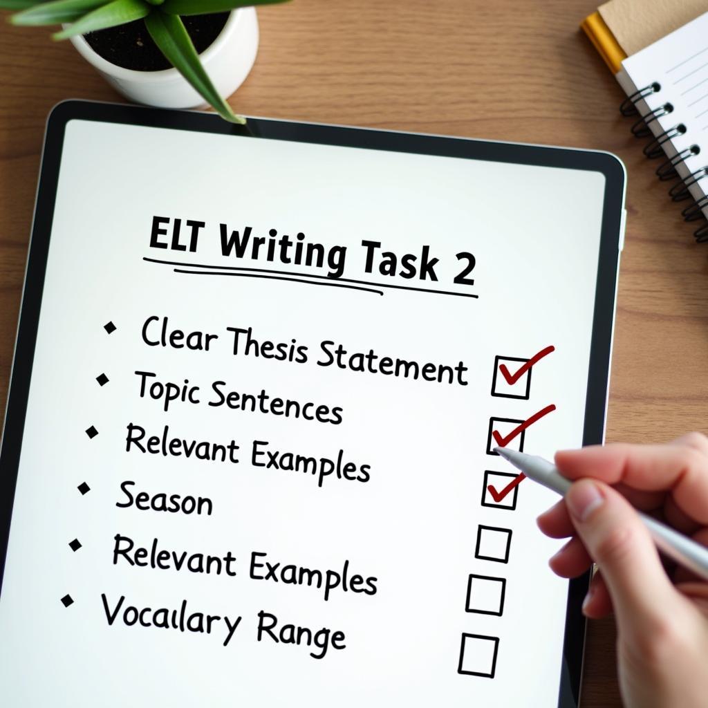 Hình ảnh một checklist tự đánh giá bài viết IELTS Writing Task 2 về chủ đề an ninh kỹ thuật số.