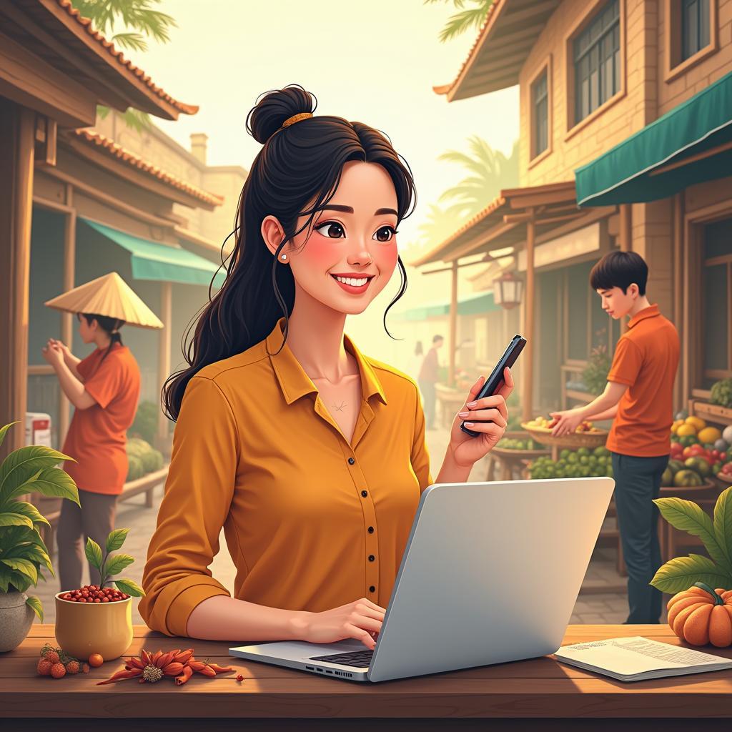 Hình ảnh minh họa người phụ nữ sáng tạo và tháo vát trong công việc xã hội, đại diện cho chủ đề describe a person who is very resourceful