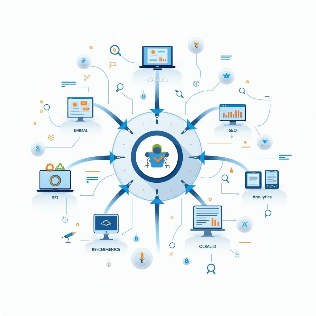 Biểu đồ chiến lược Digital Marketing tích hợp đa kênh cho doanh nghiệp nhỏ với các công cụ phân tích