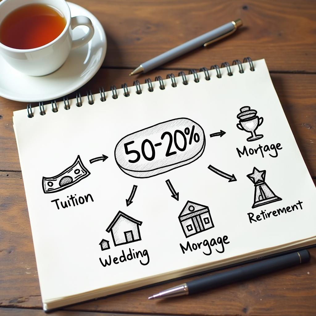 Sơ đồ chiến lược 50-30-20 và quỹ dự phòng cho sự kiện lớn, phục vụ luyện IELTS Task 2