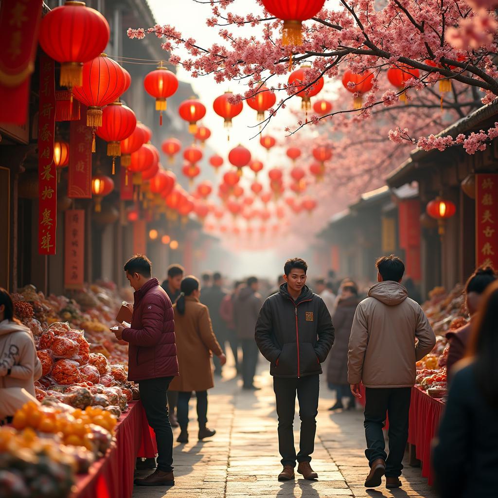 Chợ Tết Việt Nam nhộn nhịp với người dân mua sắm đồ trang trí và thực phẩm truyền thống