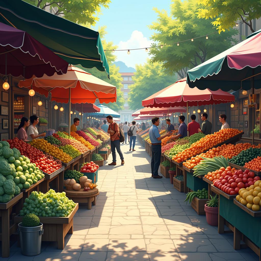 Khung cảnh chợ trời nhộn nhịp với hàng hóa tươi sống và người mua bán tấp nập trong IELTS Speaking