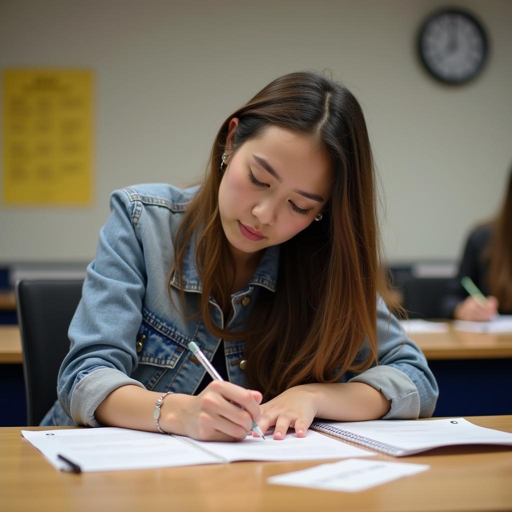 Học viên đang chuẩn bị ghi chú cho phần thi IELTS Speaking Part 2 về online course trong thời gian một phút