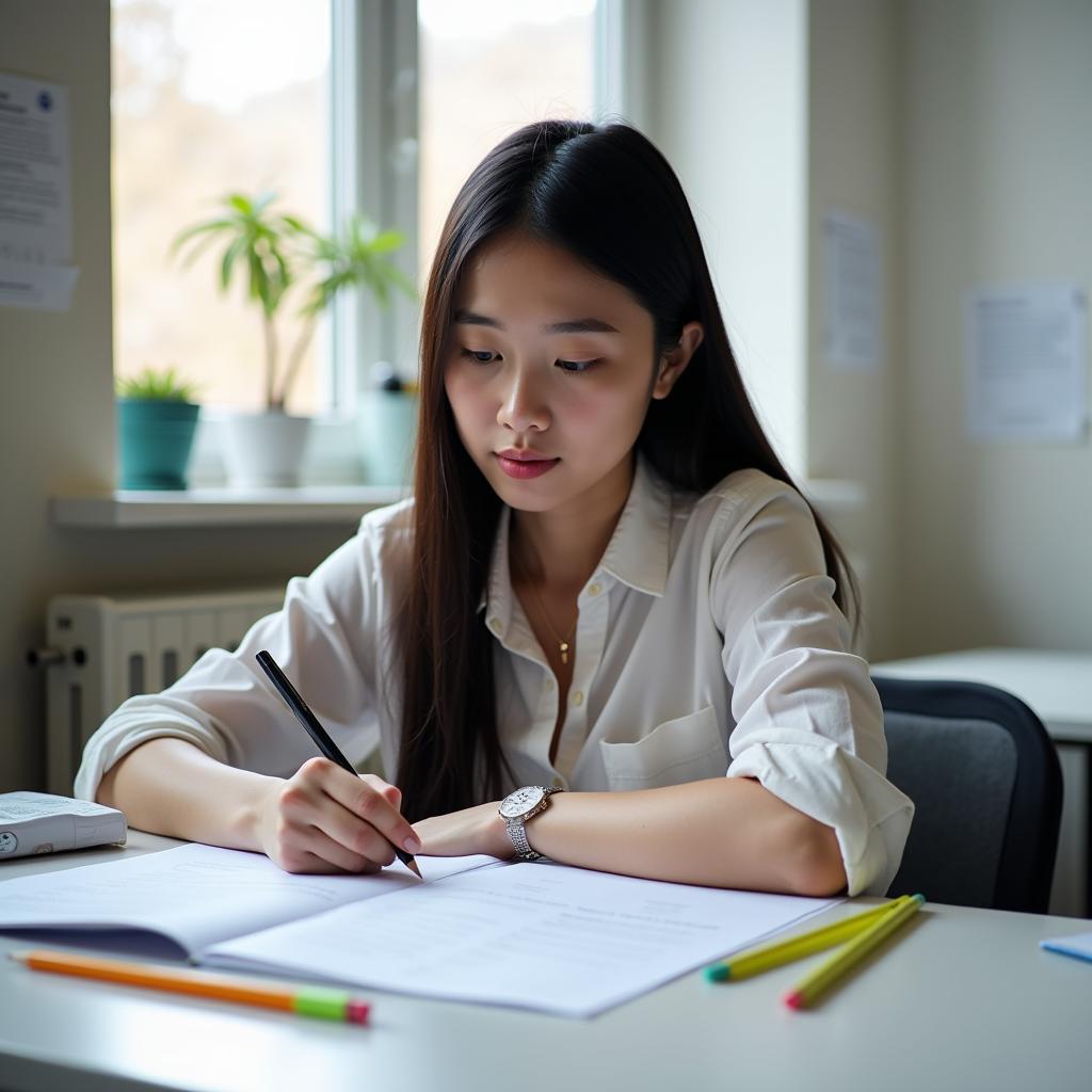 Học viên đang chuẩn bị làm bài thi IELTS Reading với sách vở và đồng hồ bấm giờ