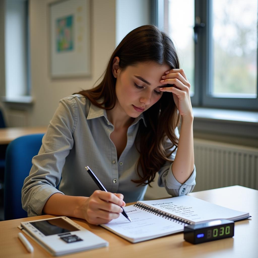 Thí sinh IELTS đang chuẩn bị một phút cho phần thi Speaking Part 2 về quản lý dự án dưới áp lực