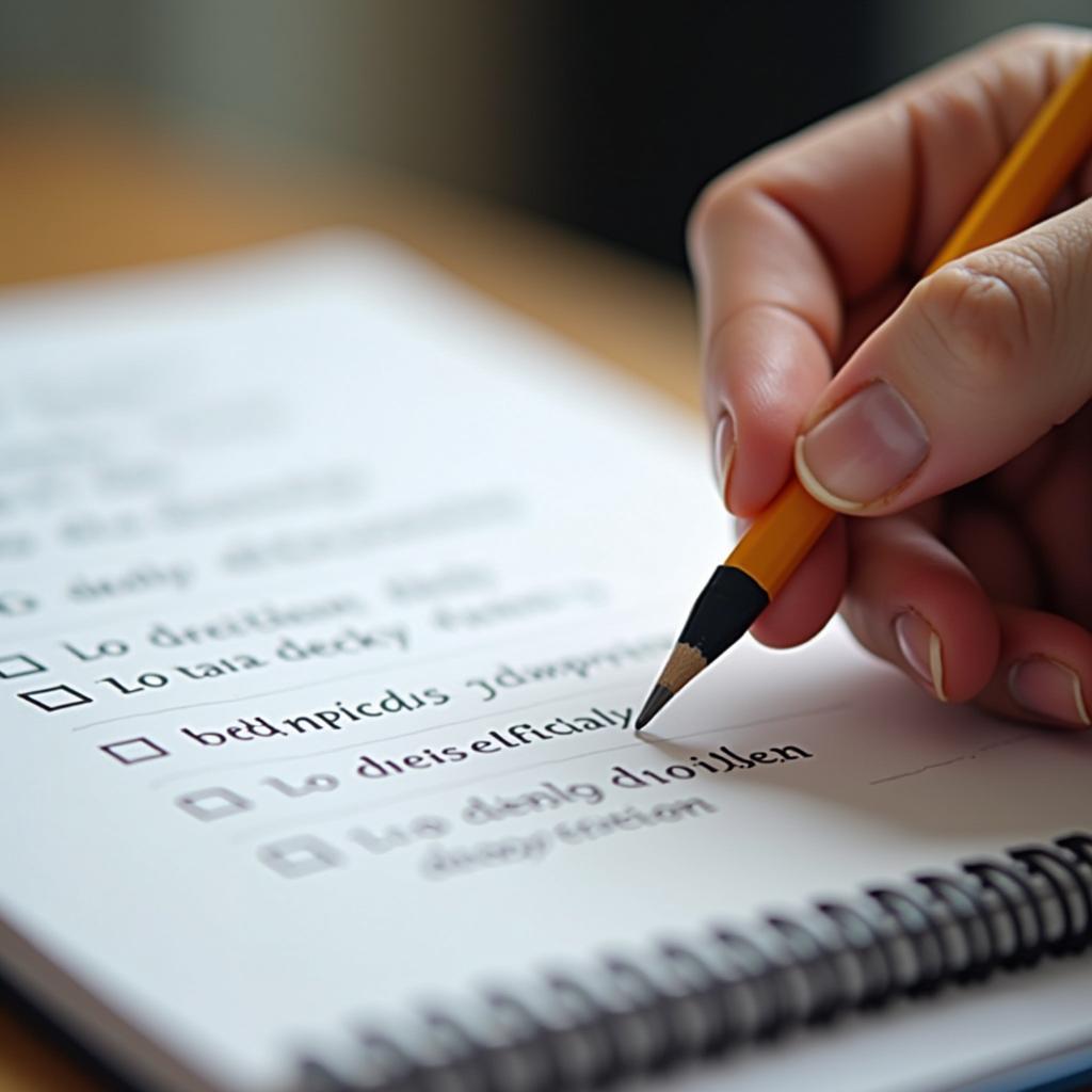 Học viên IELTS đang chuẩn bị bài nói Part 2 về quyết định khó khăn với giấy ghi chú