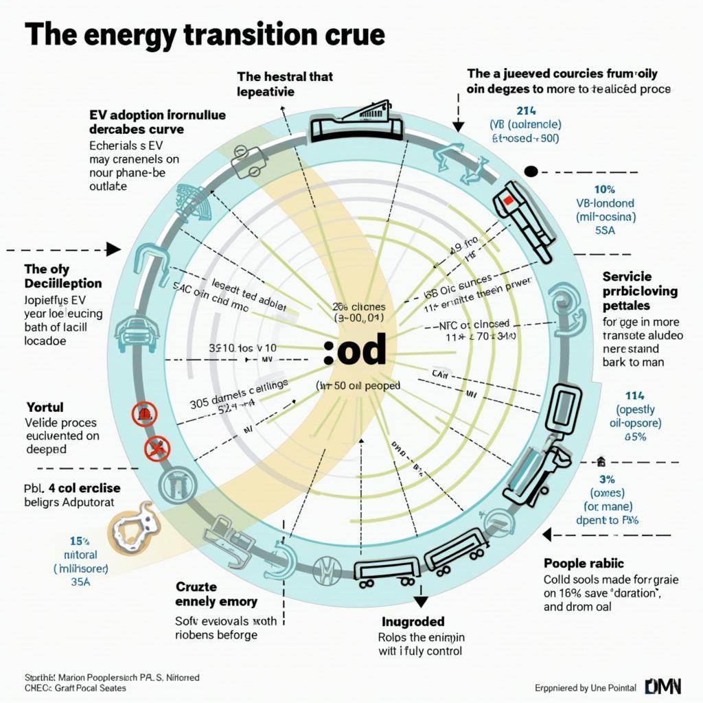 Biểu đồ minh họa sự chuyển đổi năng lượng phức tạp từ dầu mỏ sang điện với các yếu tố kinh tế xã hội