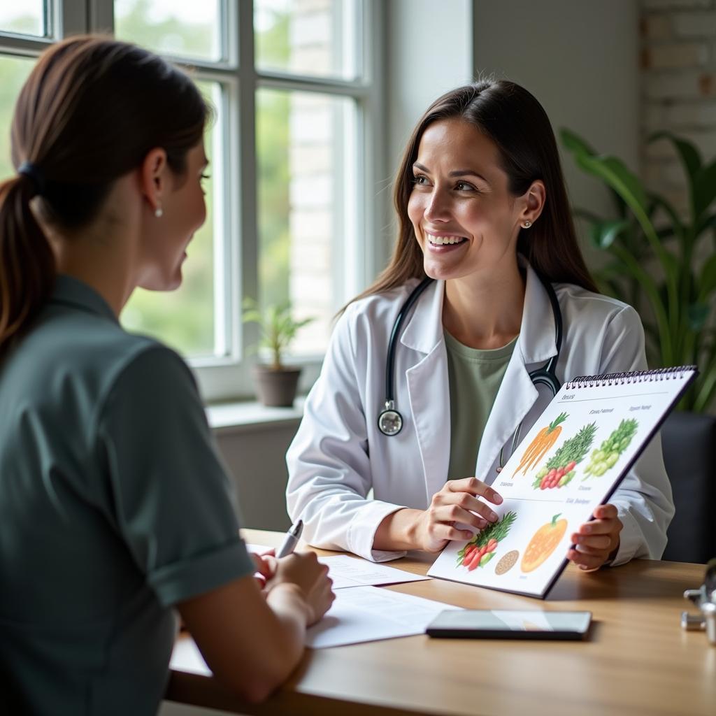 Chuyên gia y tế tư vấn chế độ ăn thực vật cho bệnh nhân với biểu đồ dinh dưỡng