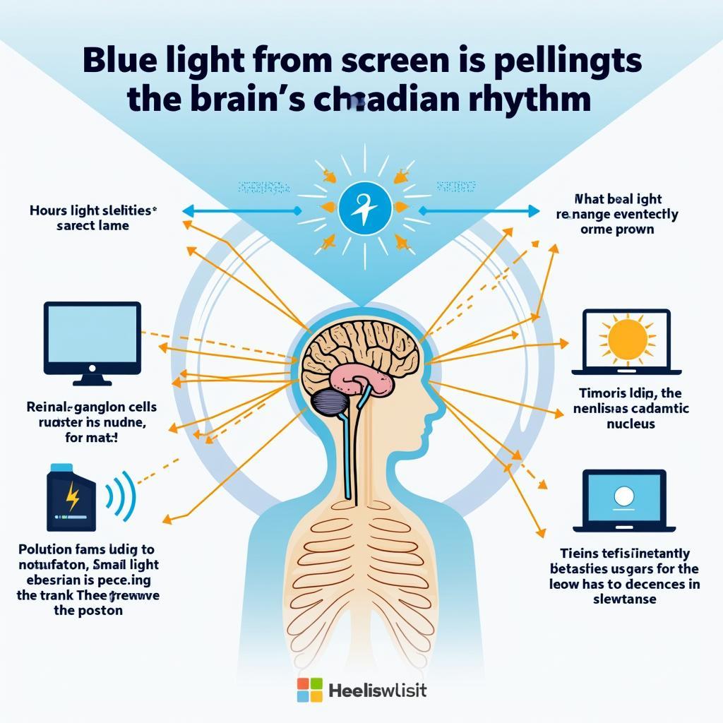 Sơ đồ khoa học về cơ chế ảnh hưởng của ánh sáng xanh từ màn hình đến chu kỳ giấc ngủ và não bộ