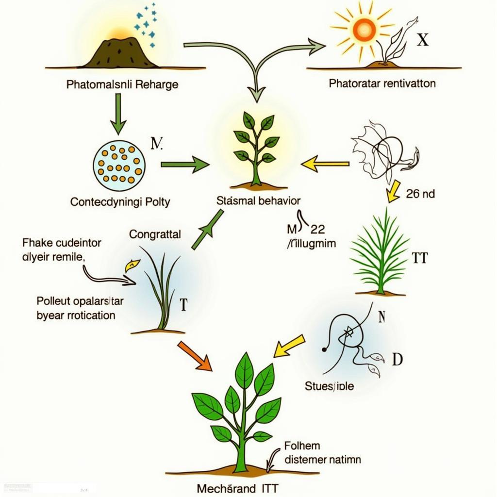 Sơ đồ minh họa cơ chế sinh lý tác động của nhiệt độ cao lên quá trình quang hợp và sinh sản của cây trồng