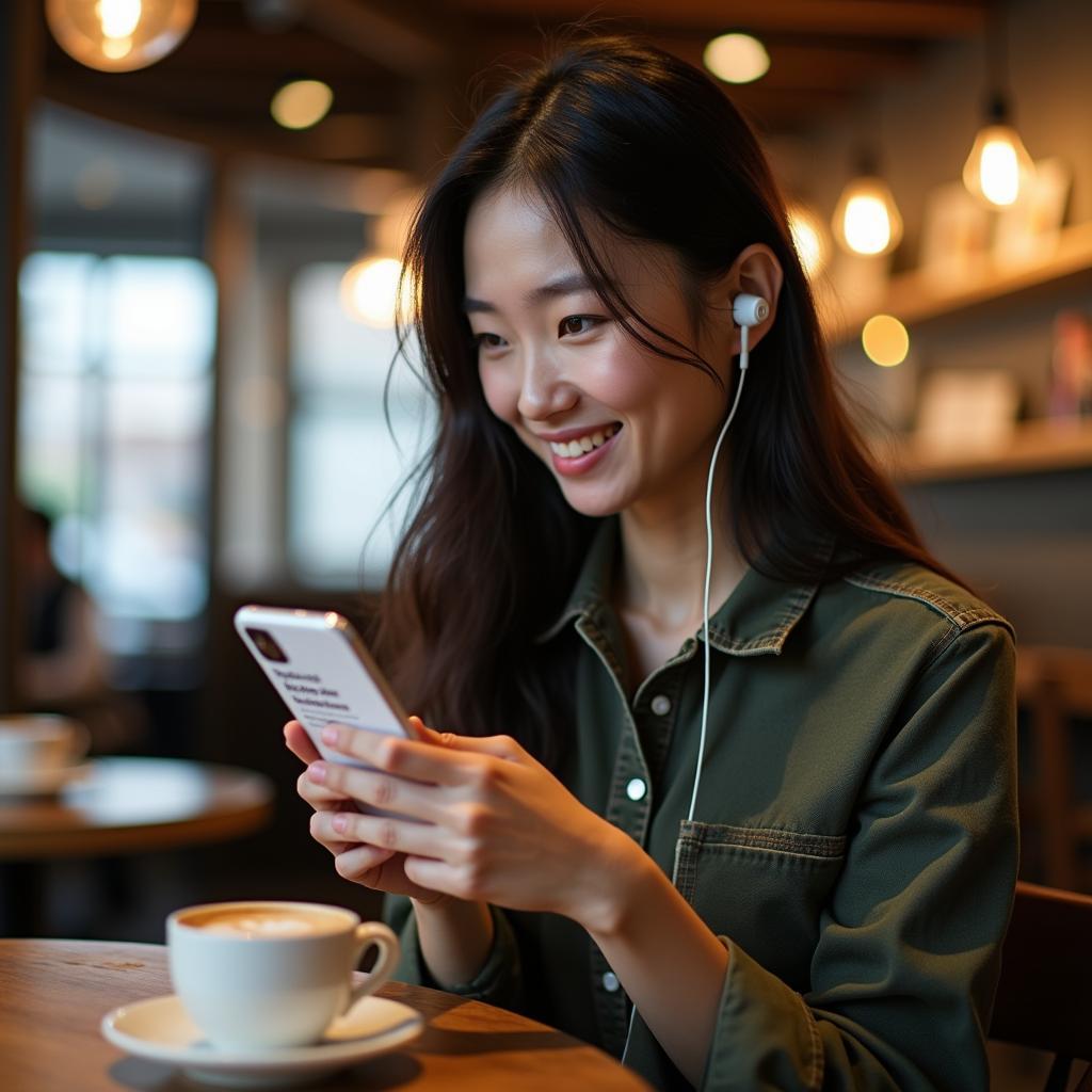 Cô gái trẻ đang sử dụng ứng dụng streaming nghe nhạc trên smartphone trong không gian hiện đại