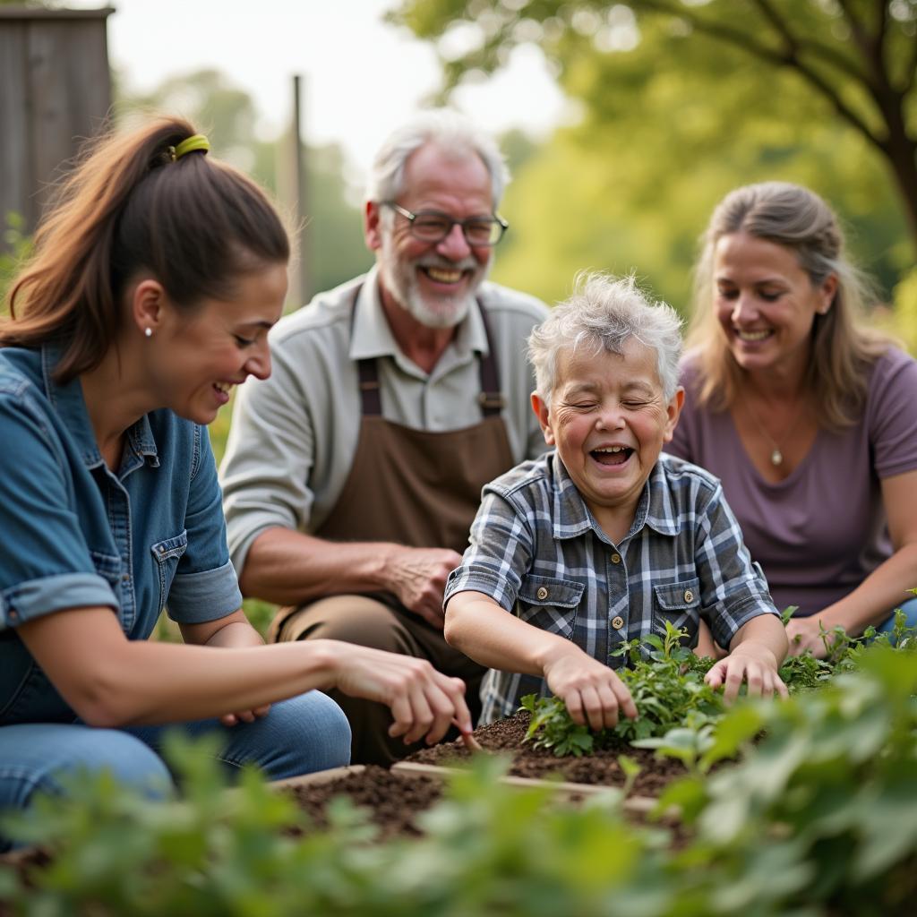 Nhóm hàng xóm đa dạng lứa tuổi đang tham gia hoạt động cộng đồng ngoài trời thân thiện