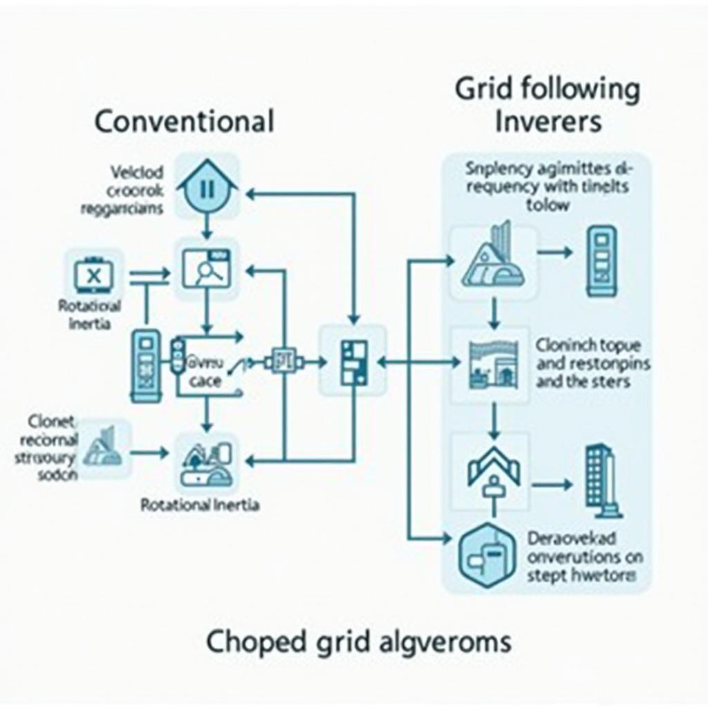 Sơ đồ kỹ thuật so sánh biến tần truyền thống và biến tần đồng bộ giả trong hệ thống lưới điện với năng lượng tái tạo