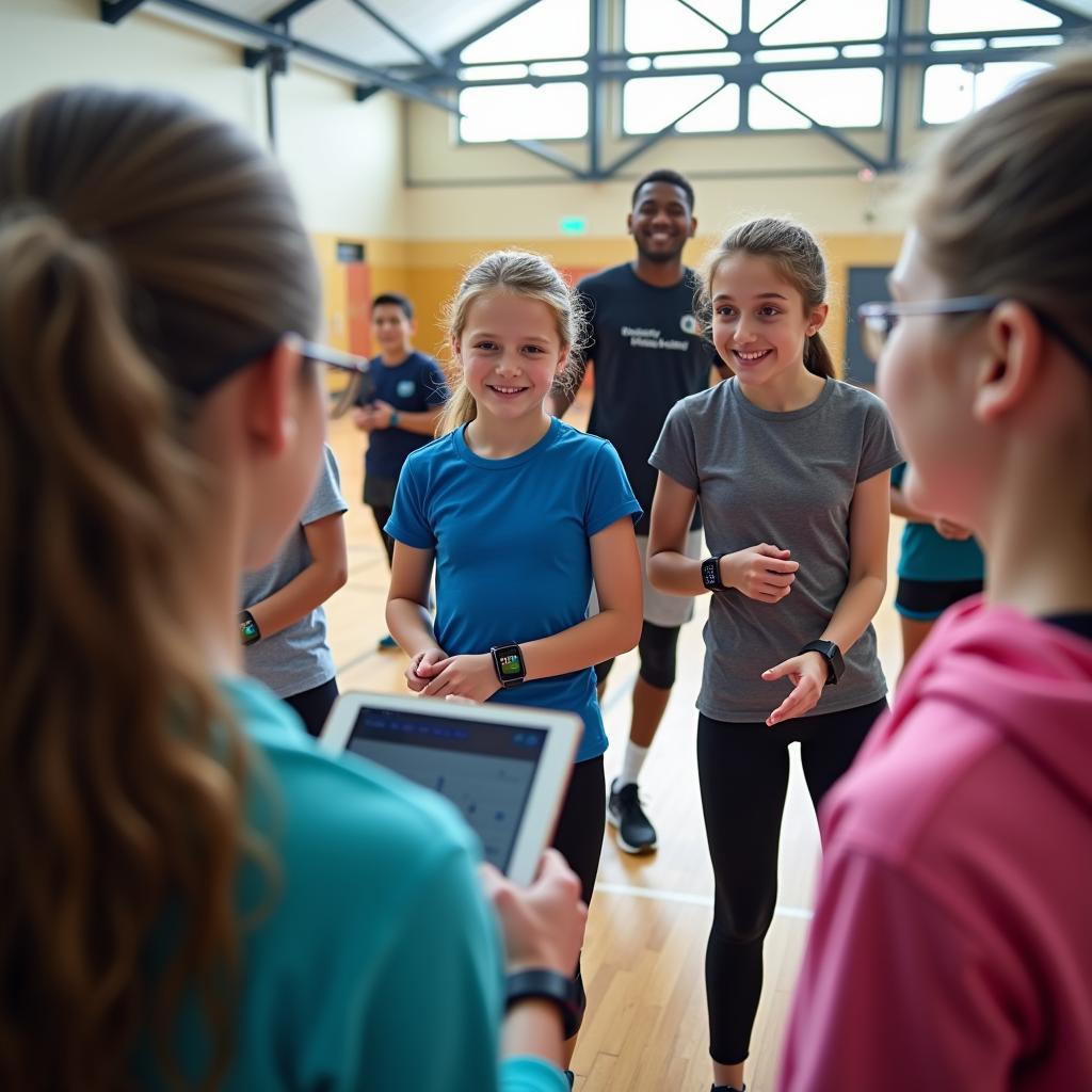 Học sinh đang sử dụng đồng hồ thông minh và thiết bị theo dõi sức khỏe trong giờ học thể dục tại trường học