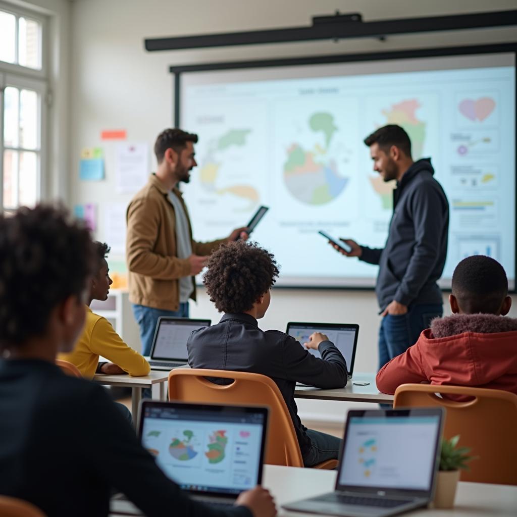 Học sinh sử dụng máy tính bảng và laptop trong lớp học hiện đại với công nghệ giáo dục tiên tiến