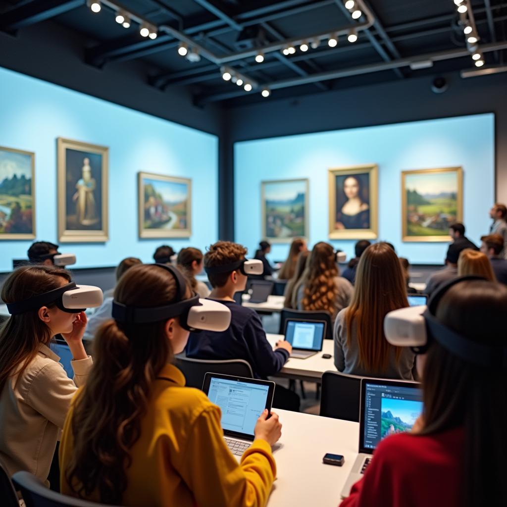 Học sinh sử dụng công nghệ thực tế ảo để khám phá bảo tàng nghệ thuật trực tuyến trong lớp học hiện đại