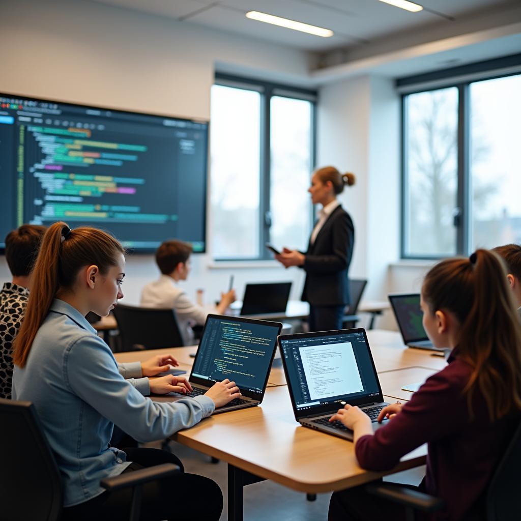 Học sinh học kỹ năng số trong lớp học hiện đại cho IELTS Speaking Part 3