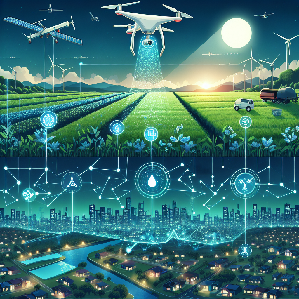 Minh họa công nghệ nông nghiệp chính xác và lưới điện thông minh giúp giảm tác động môi trường.