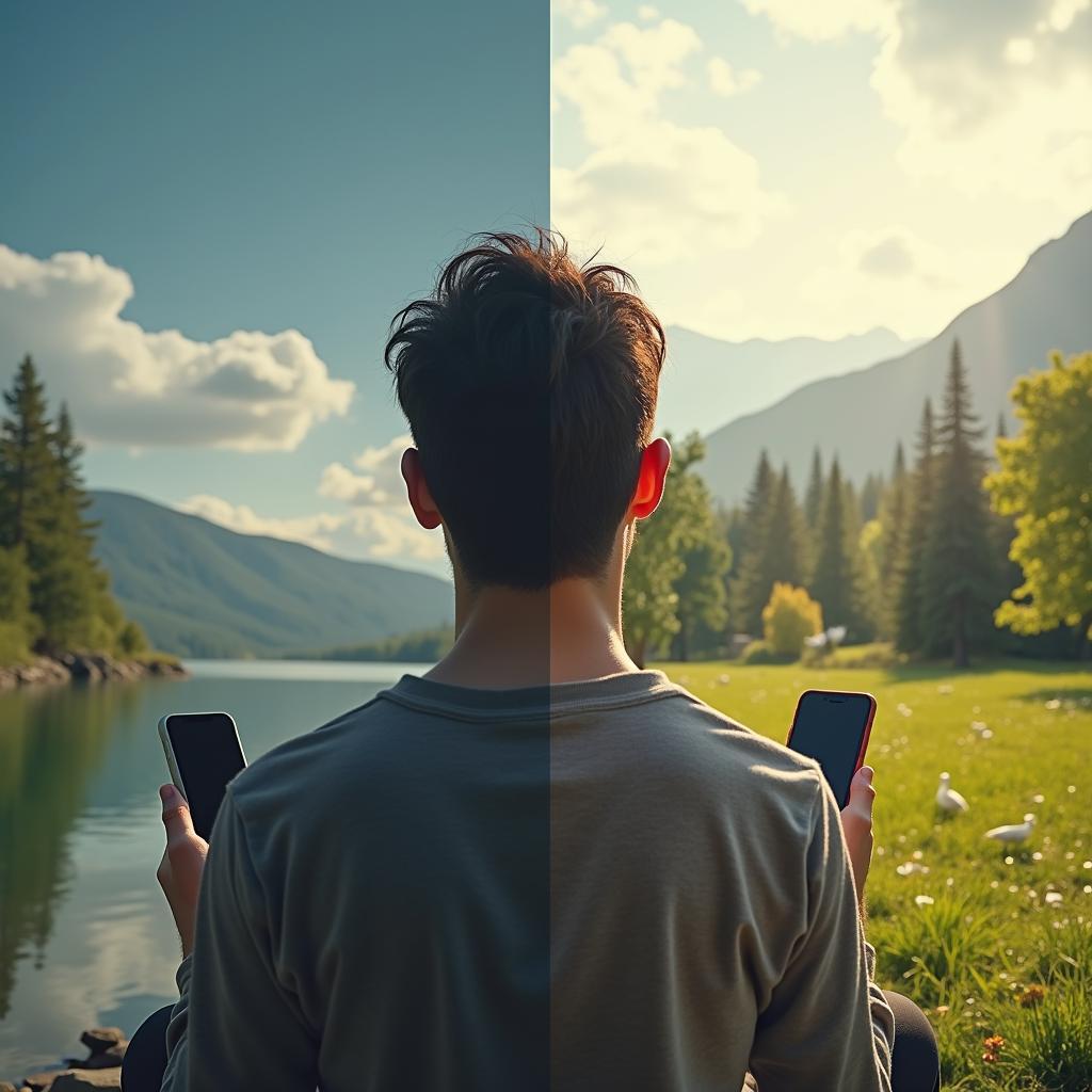 Hình ảnh đối lập giữa người dùng điện thoại liên tục và người thư giãn thiền định