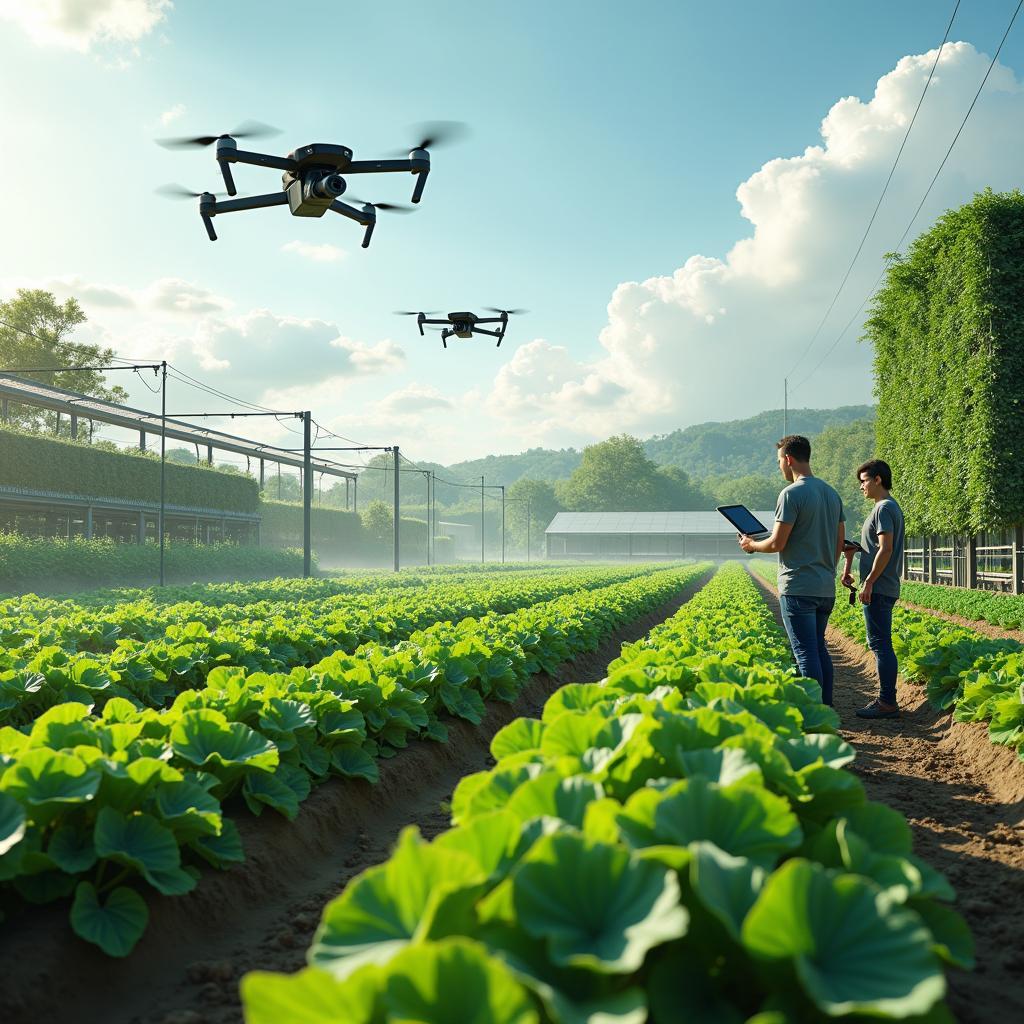 Công nghệ xanh trong nông nghiệp hiện đại với hệ thống tưới tiêu năng lượng mặt trời và máy bay không người lái giám sát cánh đồng