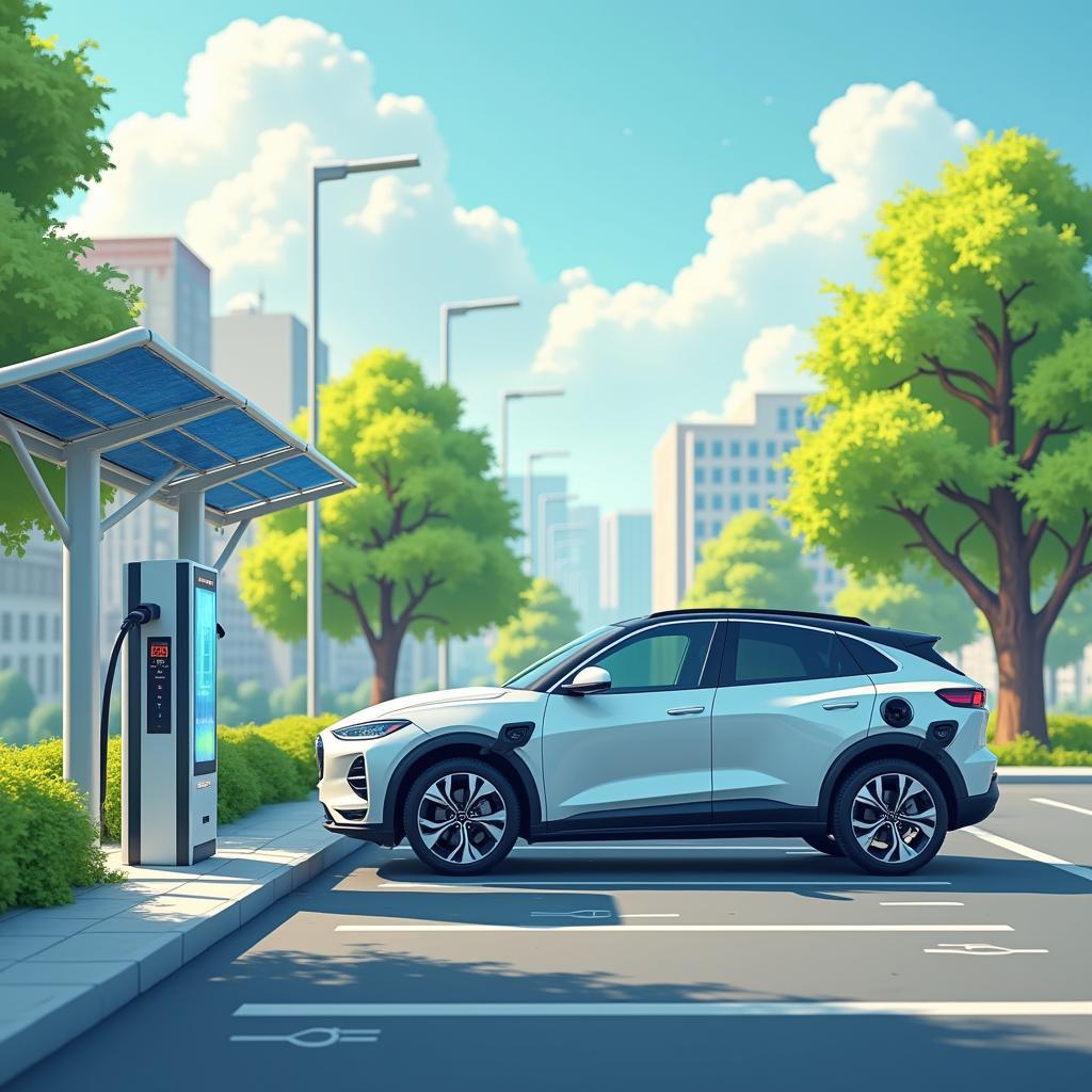 Xe điện hiện đại đang sạc tại trạm sạc công cộng giúp giảm ô nhiễm không khí đô thị