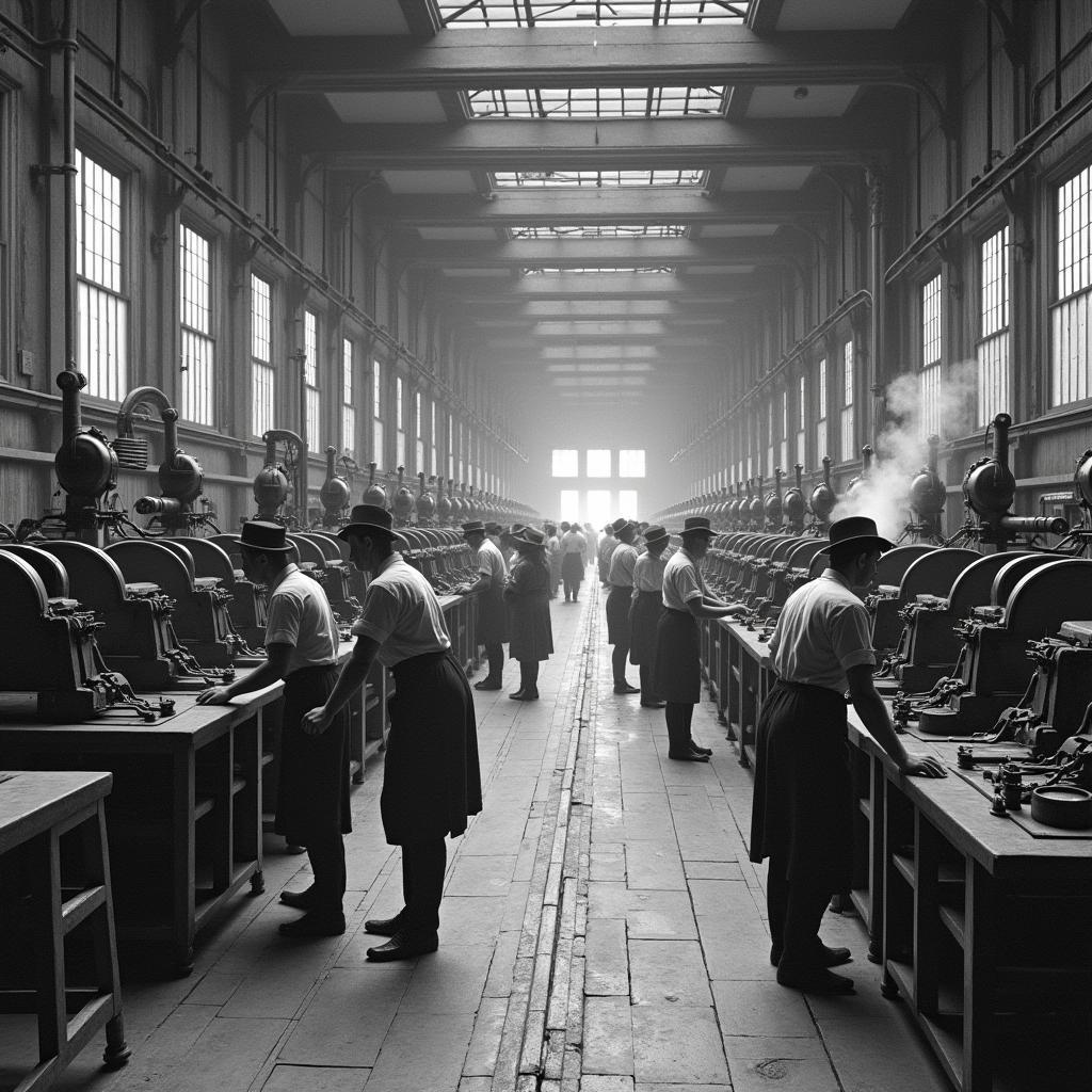 Công nhân trong nhà máy thời kỳ Cách mạng công nghiệp với máy móc và môi trường làm việc khắc nghiệt