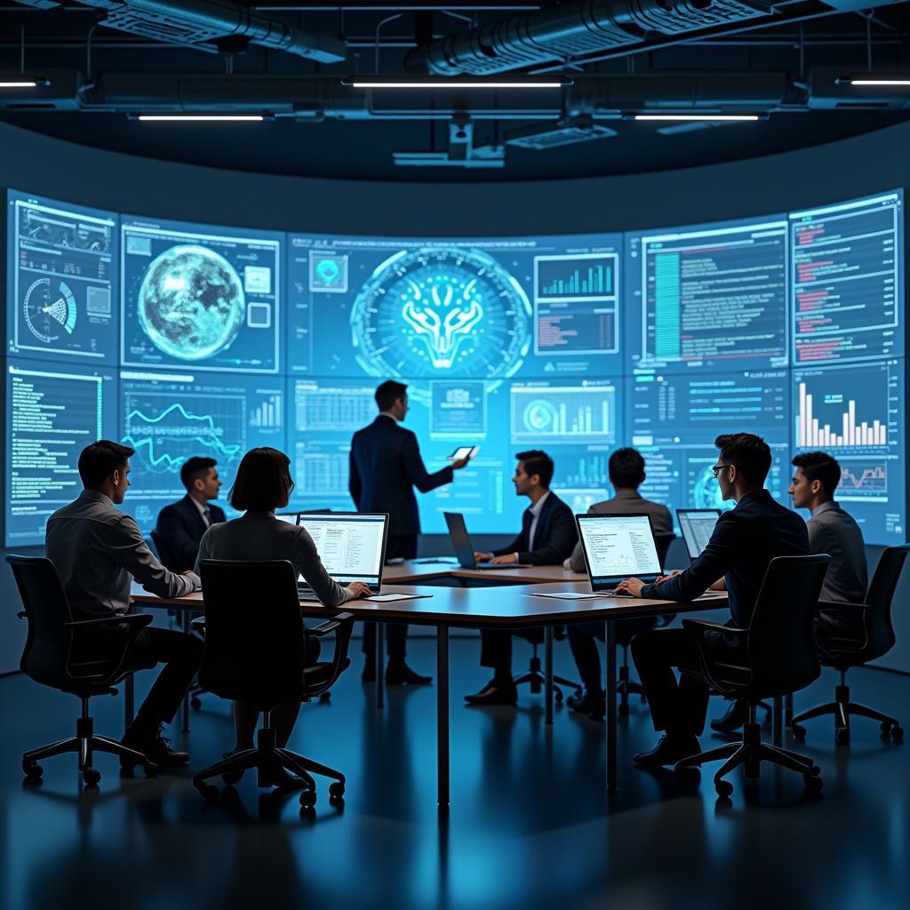 Cảnh làm việc kết hợp giữa con người và trí tuệ nhân tạo trong môi trường văn phòng hiện đại