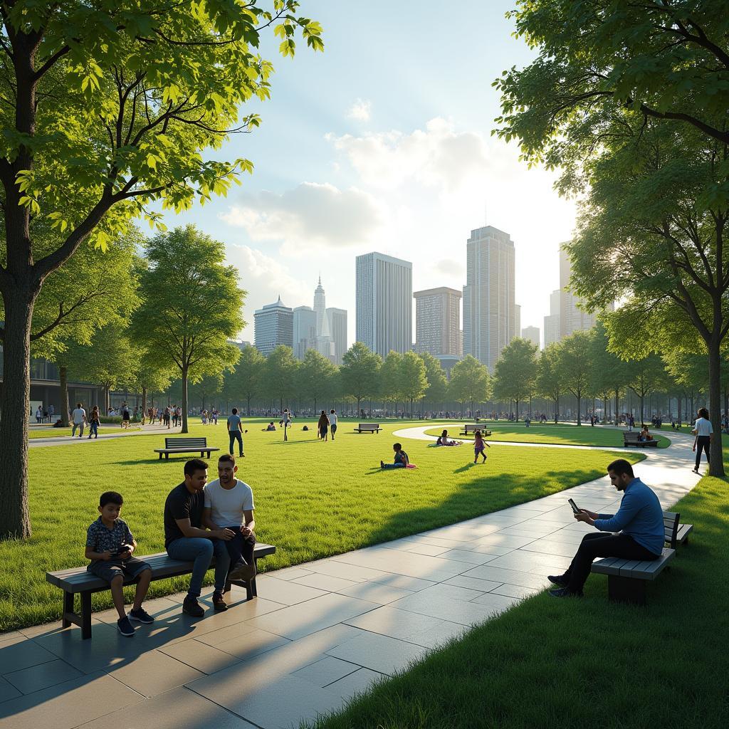 Công viên xanh yên bình giữa lòng đô thị với người dân thư giãn minh họa tầm quan trọng của không gian công cộng trong bài IELTS Speaking