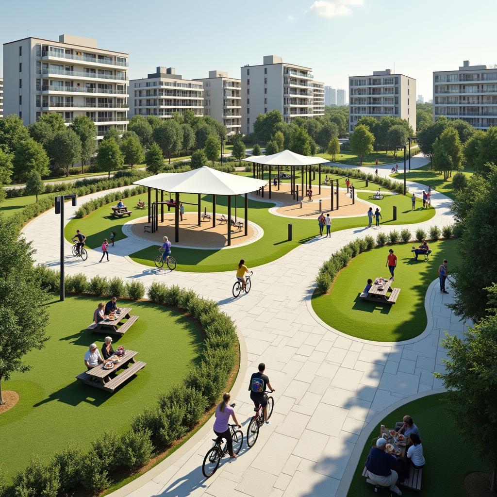 Hình ảnh công viên đô thị hiện đại với các tiện ích đa dạng phục vụ nhiều đối tượng cho chủ đề IELTS Speaking về không gian xanh