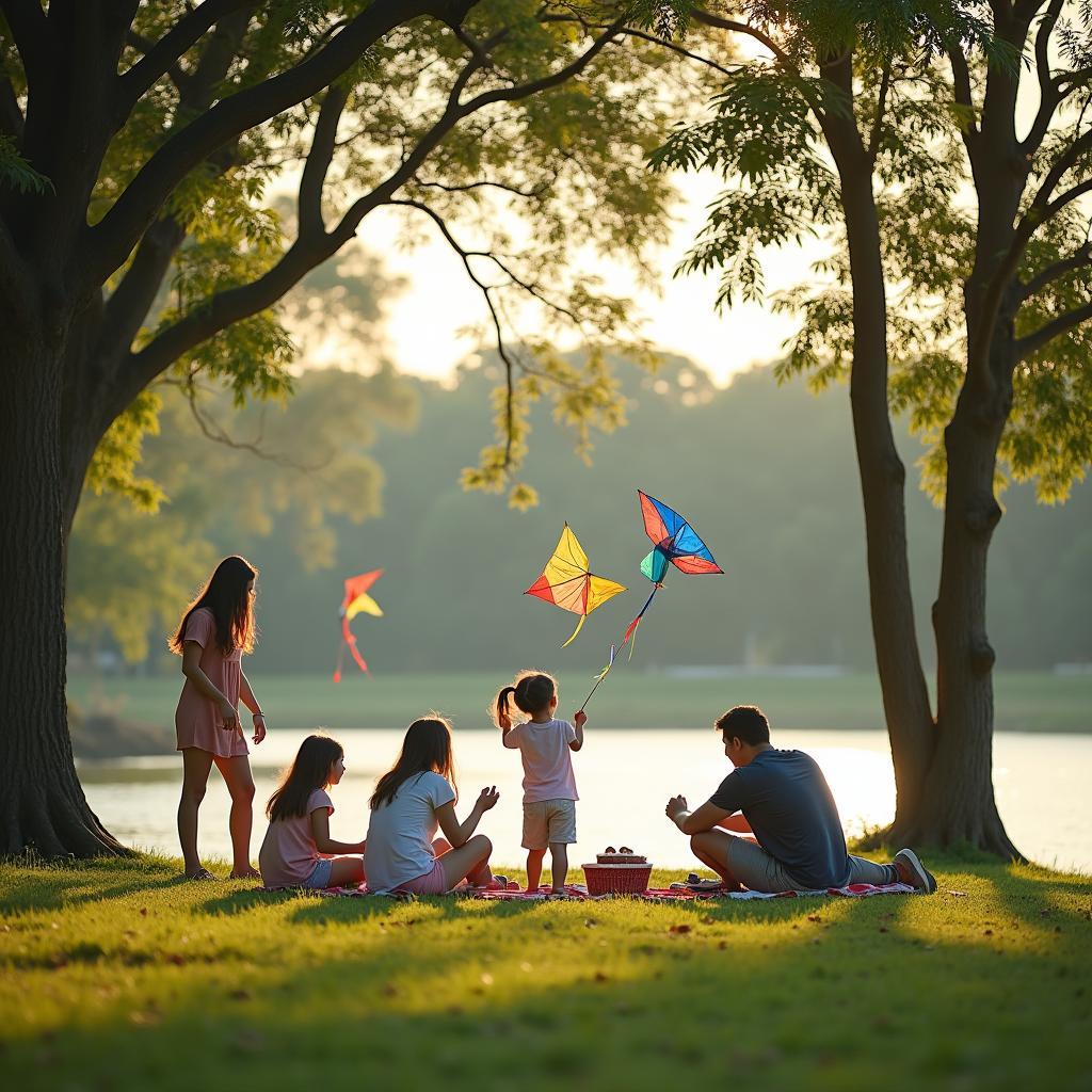 Gia đình Việt Nam vui chơi tại công viên thiên nhiên với trẻ em đang thả diều và chơi đùa trên bãi cỏ xanh