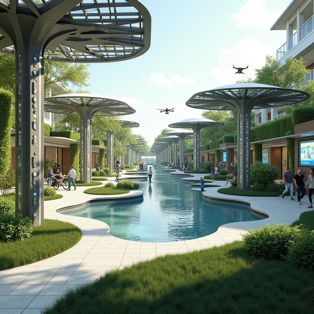Hình ảnh tương lai công viên thông minh với công nghệ và thiết kế bền vững