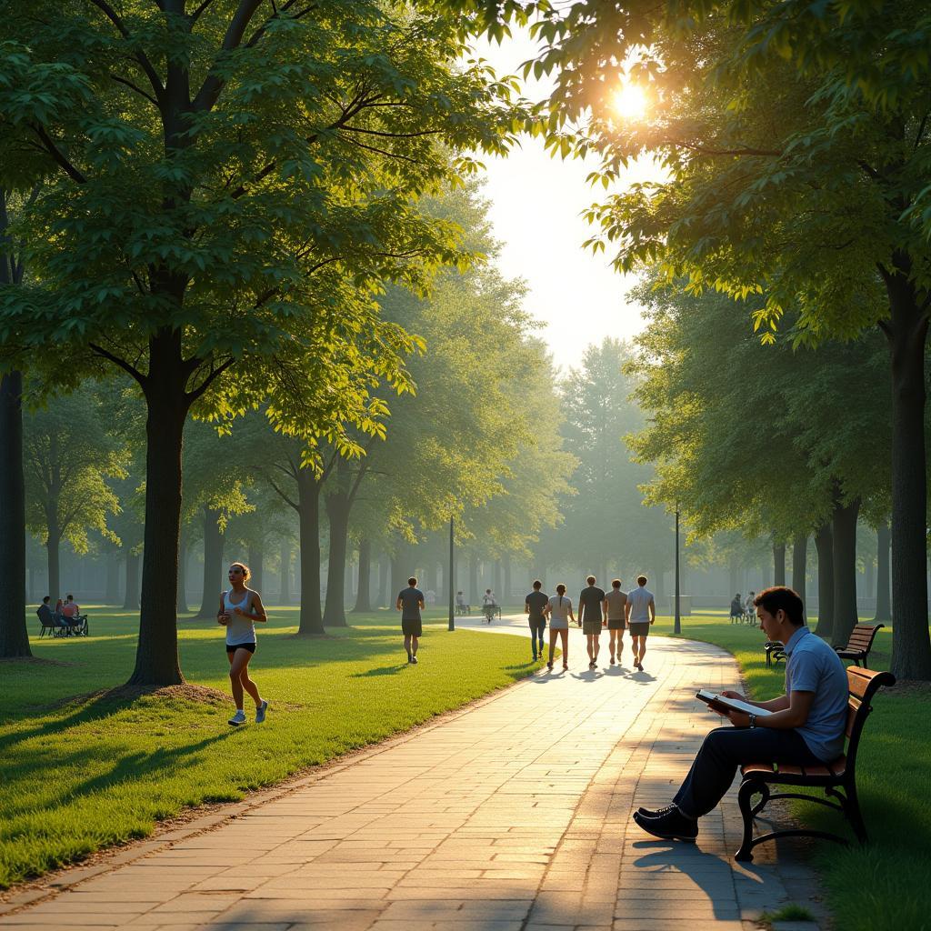 Hình ảnh minh họa một công viên xanh mát với lối đi dạo và người tập thể dục phù hợp với đề tài IELTS Speaking về thư giãn