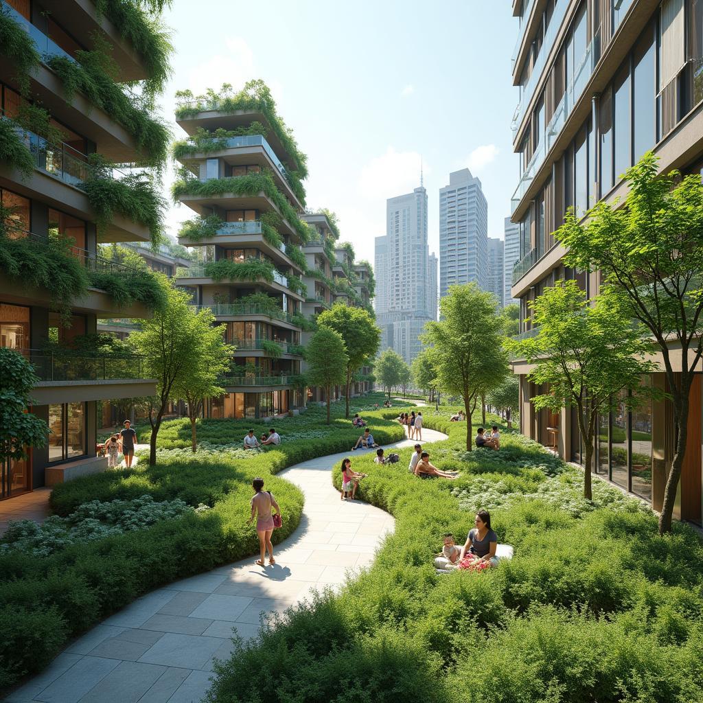 Công viên xanh hiện đại tại trung tâm đô thị Việt Nam với cây xanh và người dân thư giãn