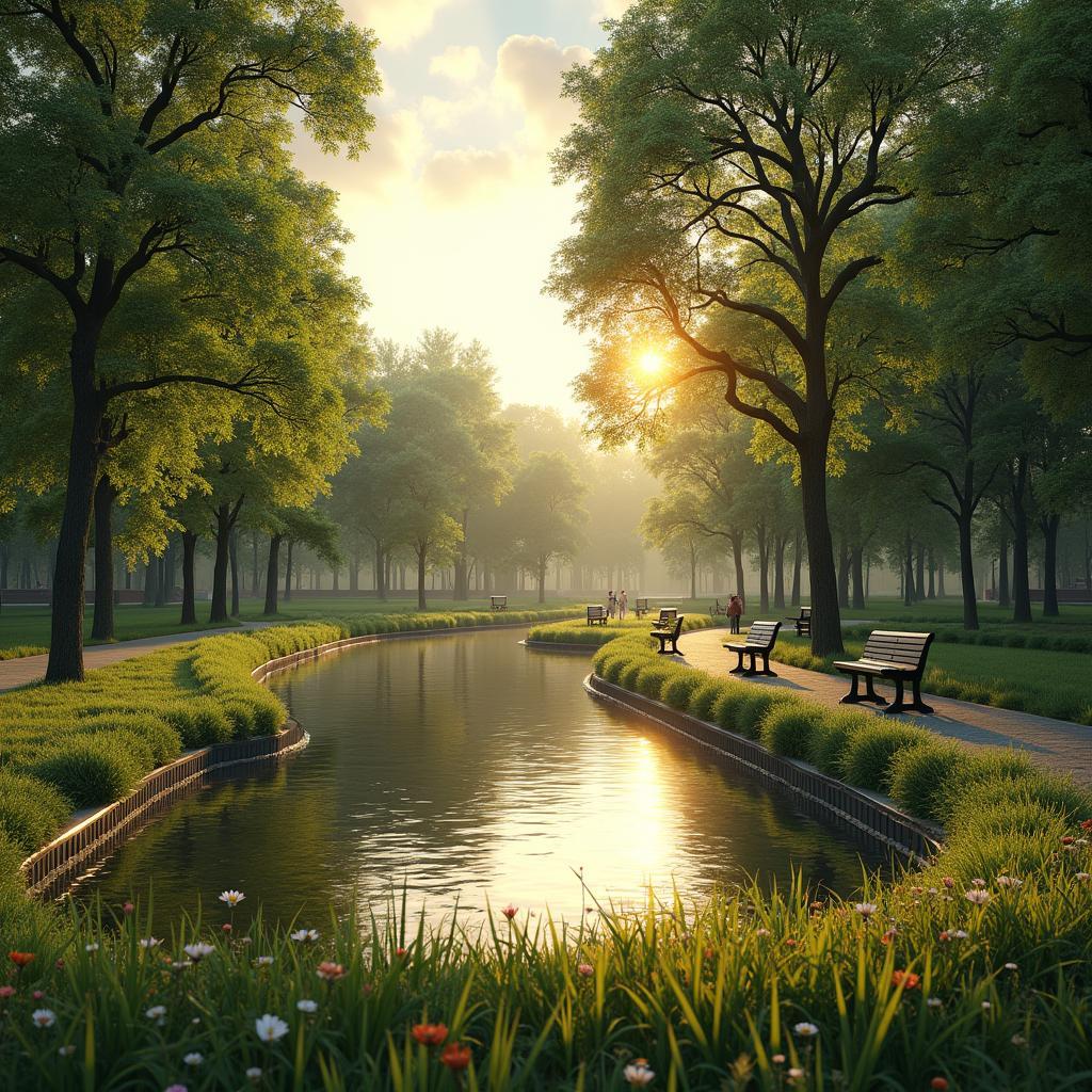 Công viên yên tĩnh với hồ nước nhỏ lý tưởng để thư giãn buổi chiều