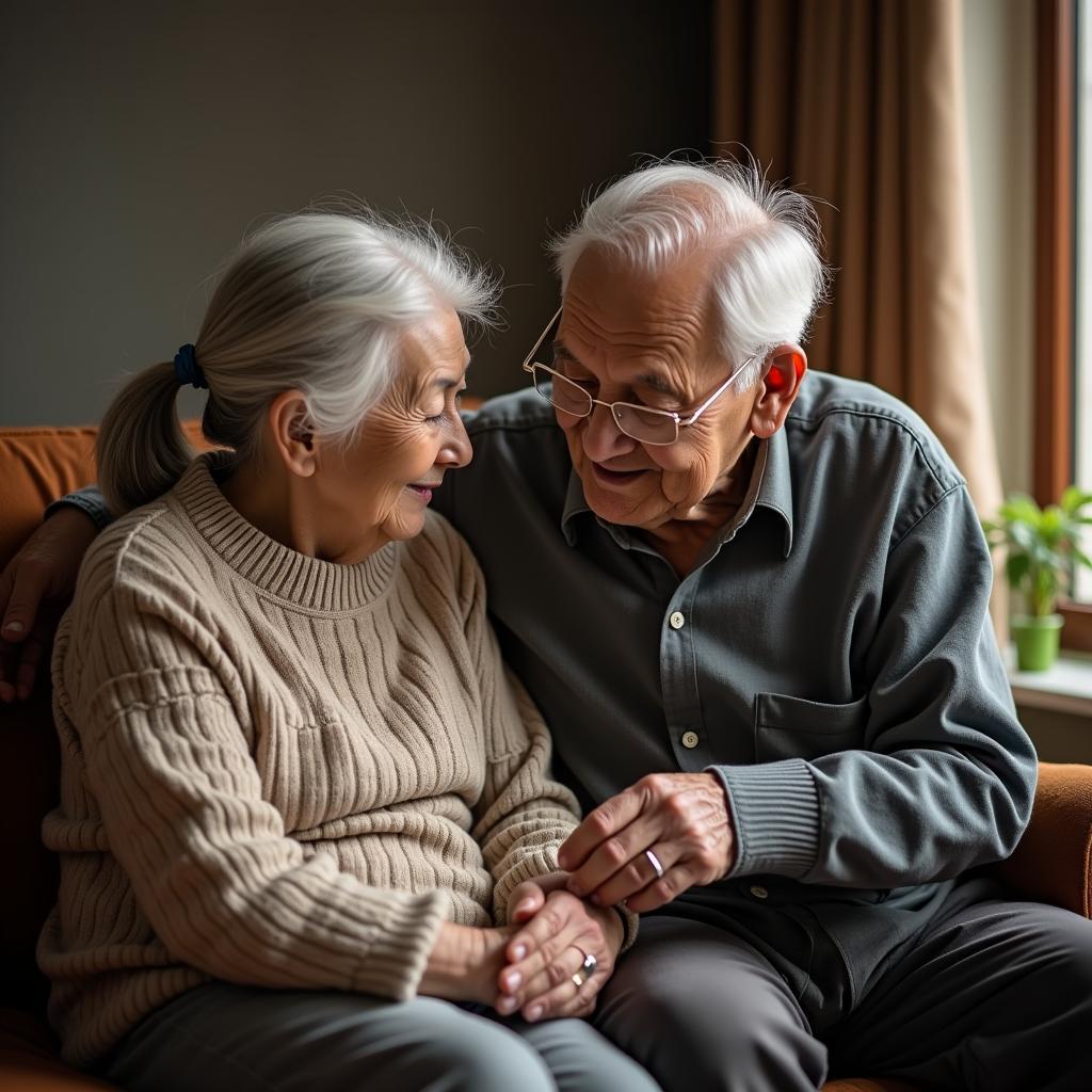 Hình ảnh minh họa cụ ông kiên nhẫn chăm sóc bà mắc bệnh Alzheimer thể hiện tình yêu thương sâu sắc