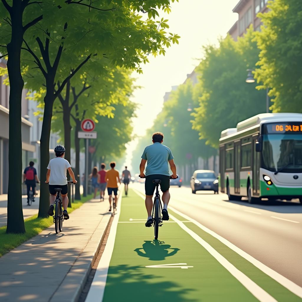 Người đạp xe trên đường phố xanh giúp giảm ô nhiễm không khí phù hợp với IELTS Speaking
