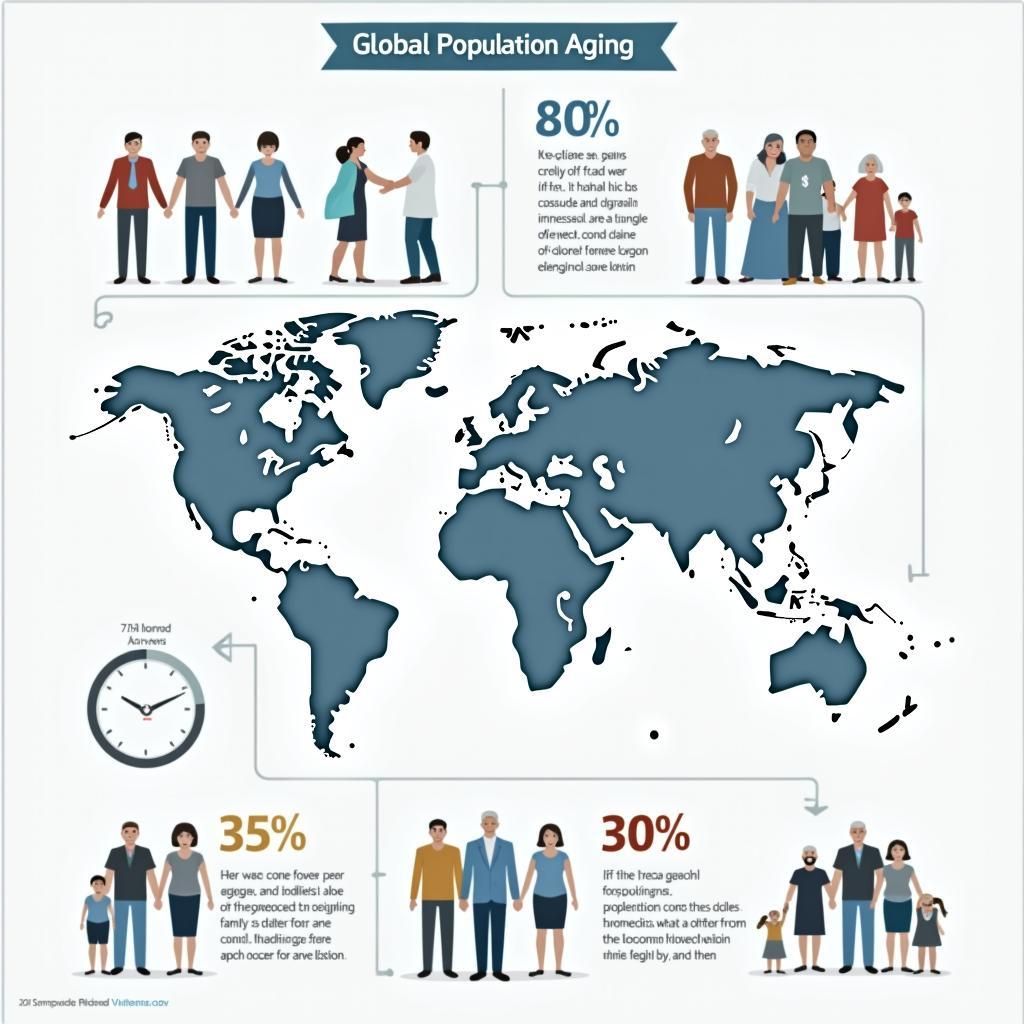 Biểu đồ minh họa xu hướng già hóa dân số toàn cầu và các tác động xã hội chính