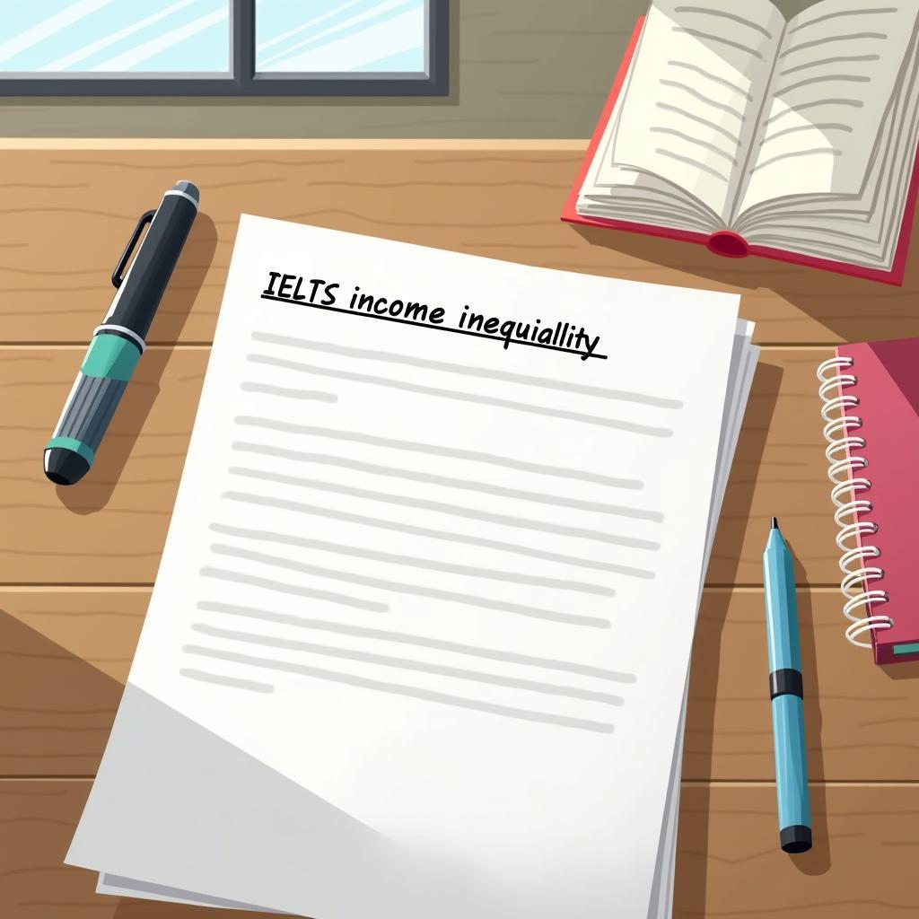 Đề thi IELTS Writing Task 2 về bất bình đẳng thu nhập với sách và bút trên bàn học