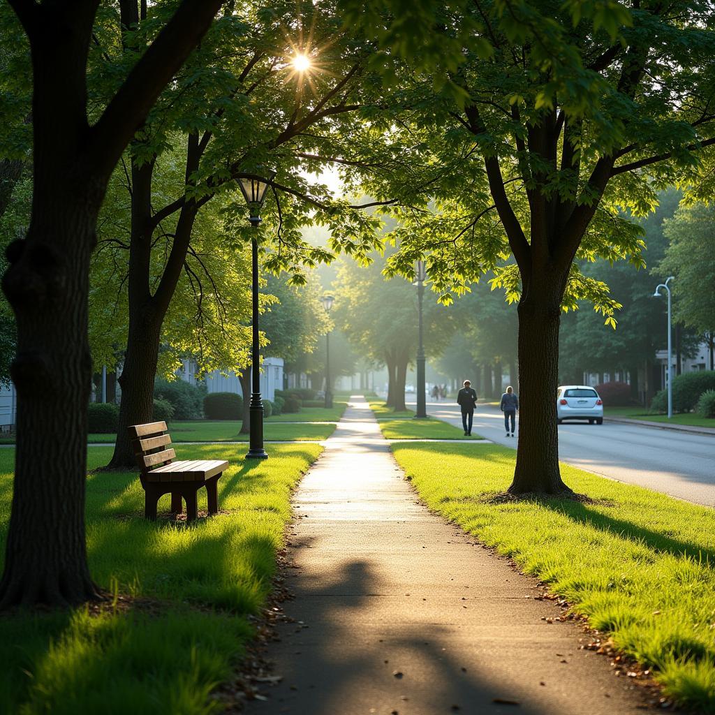 Địa điểm yên tĩnh trong khu phố được mô tả trong bài thi IELTS Speaking với không gian xanh mát và bình yên